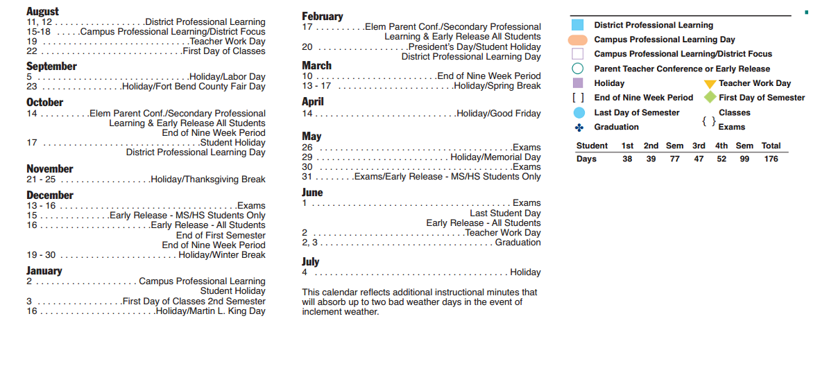 District School Academic Calendar Key for Oyster Creek Elementary