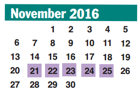 District School Academic Calendar for Seguin Elementary for November 2016