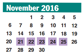 District School Academic Calendar for Walker Station Elementary for November 2016