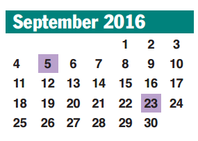 District School Academic Calendar for Brazos Bend Elementary School for September 2016