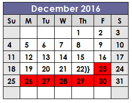 District School Academic Calendar for Van Zandt-guinn Elementary for December 2016