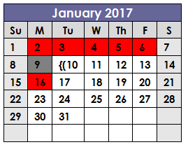 District School Academic Calendar for Tarrant Youth Recovery for January 2017