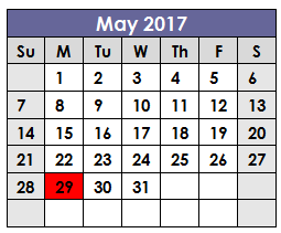 District School Academic Calendar for Assessment Ctr for May 2017