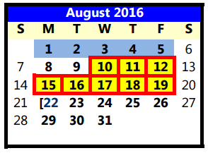 District School Academic Calendar for Willow Bend Elementary for August 2016