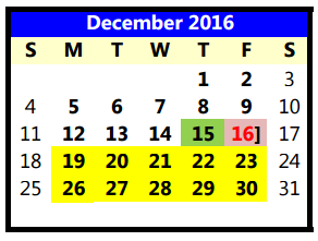 District School Academic Calendar for North Ridge Elementary for December 2016