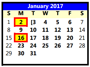 District School Academic Calendar for Lubbock Co J J A E P for January 2017