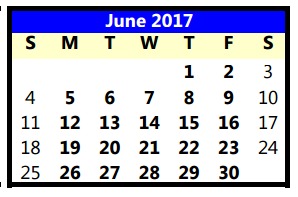 District School Academic Calendar for Lubbock Co J J A E P for June 2017