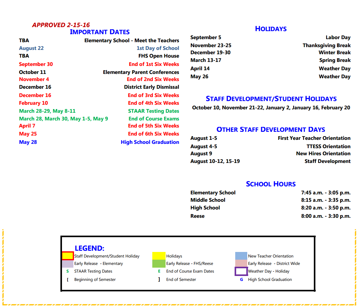 District School Academic Calendar Key for Frenship High School