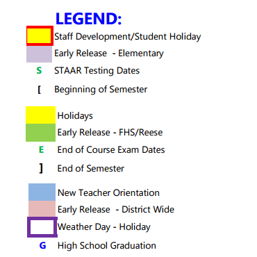 District School Academic Calendar Legend for Frenship High School