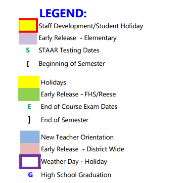 District School Academic Calendar Legend for Lubbock Co J J A E P