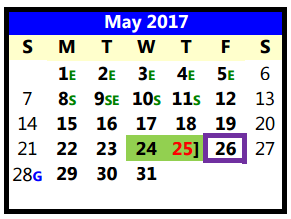 District School Academic Calendar for Lubbock Co J J A E P for May 2017