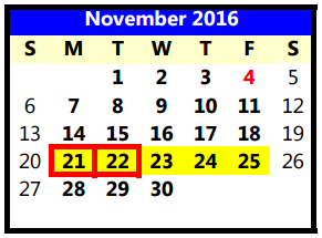District School Academic Calendar for Lubbock Co J J A E P for November 2016