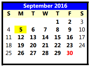 District School Academic Calendar for Lubbock Co J J A E P for September 2016