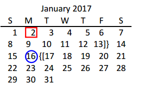 District School Academic Calendar for Collin Co J J A E P for January 2017