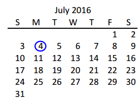 District School Academic Calendar for Bledsoe Elementary for July 2016