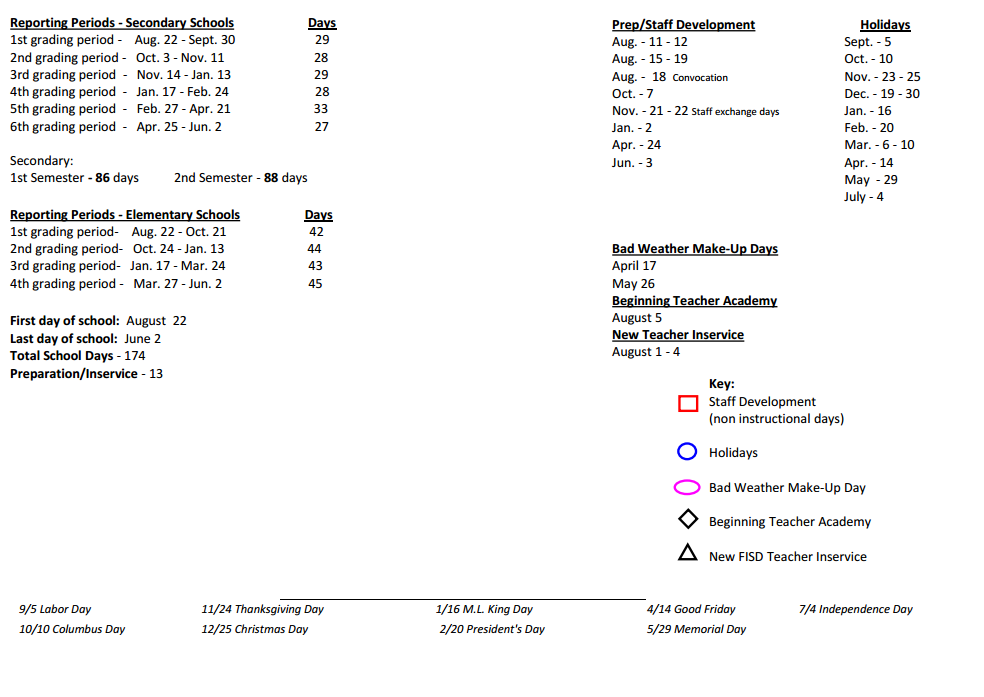 District School Academic Calendar Key for Collin Co J J A E P