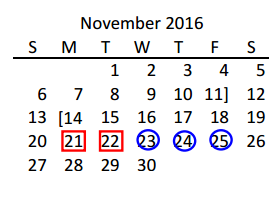 District School Academic Calendar for Acker Special Programs Center for November 2016