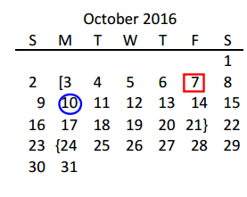 District School Academic Calendar for Acker Special Programs Center for October 2016