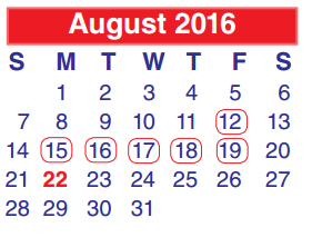 District School Academic Calendar for North Shore Middle for August 2016