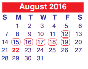 District School Academic Calendar for Cobb 6th Grade Campus for August 2016