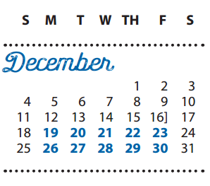 District School Academic Calendar for P I P for December 2016