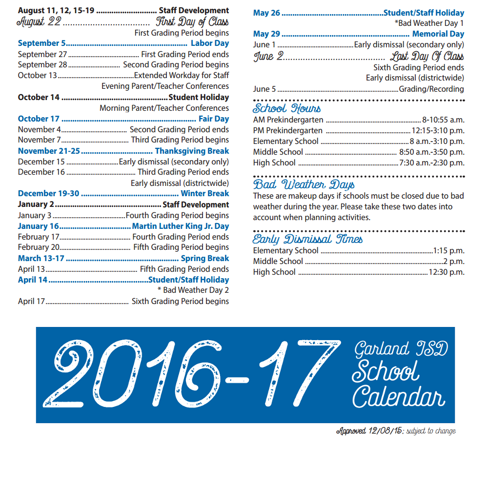 District School Academic Calendar Key for Shugart Elementary