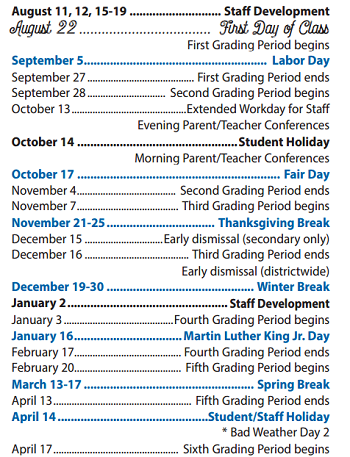 District School Academic Calendar Legend for P I P