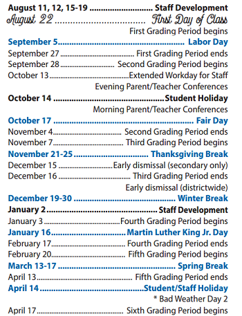 District School Academic Calendar Legend for Williams Elementary