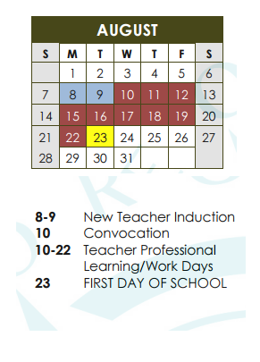 District School Academic Calendar for Williamson Co J J A E P for August 2016