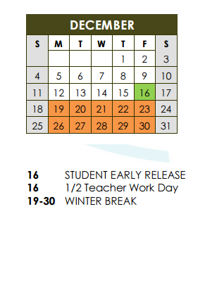 District School Academic Calendar for Williamson Co J J A E P for December 2016