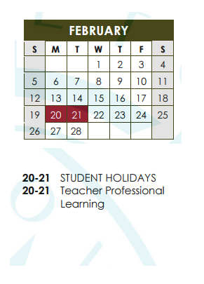 District School Academic Calendar for Williamson Co J J A E P for February 2017