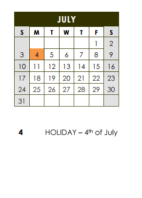 District School Academic Calendar for Williams Elementary School for July 2016