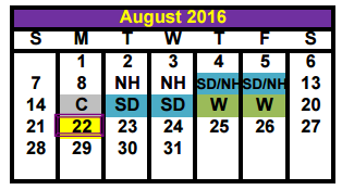 District School Academic Calendar for Oak Woods Intermediate for August 2016