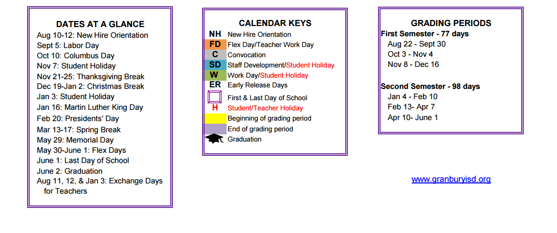 District School Academic Calendar Key for Granbury High School