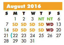 District School Academic Calendar for John Garner Elementary for August 2016