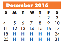 District School Academic Calendar for Milam Elementary for December 2016