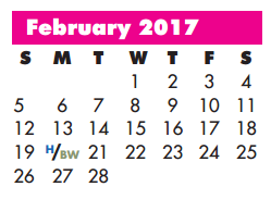 District School Academic Calendar for Sam Houston Elementary for February 2017