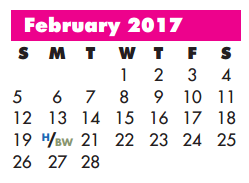 District School Academic Calendar for P A S S Learning Ctr for February 2017