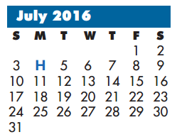 District School Academic Calendar for John Garner Elementary for July 2016