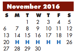 District School Academic Calendar for Sam Houston Elementary for November 2016