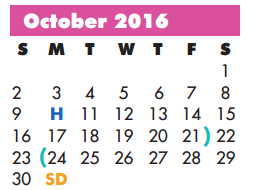 District School Academic Calendar for P A S S Learning Ctr for October 2016