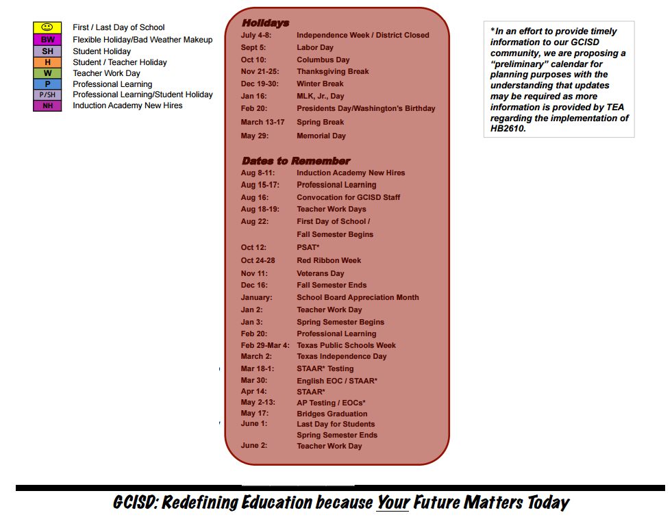 District School Academic Calendar Key for Grapevine Elementary