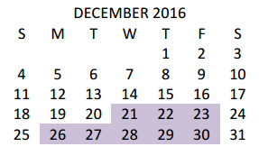 District School Academic Calendar for Wilson Elementary for December 2016