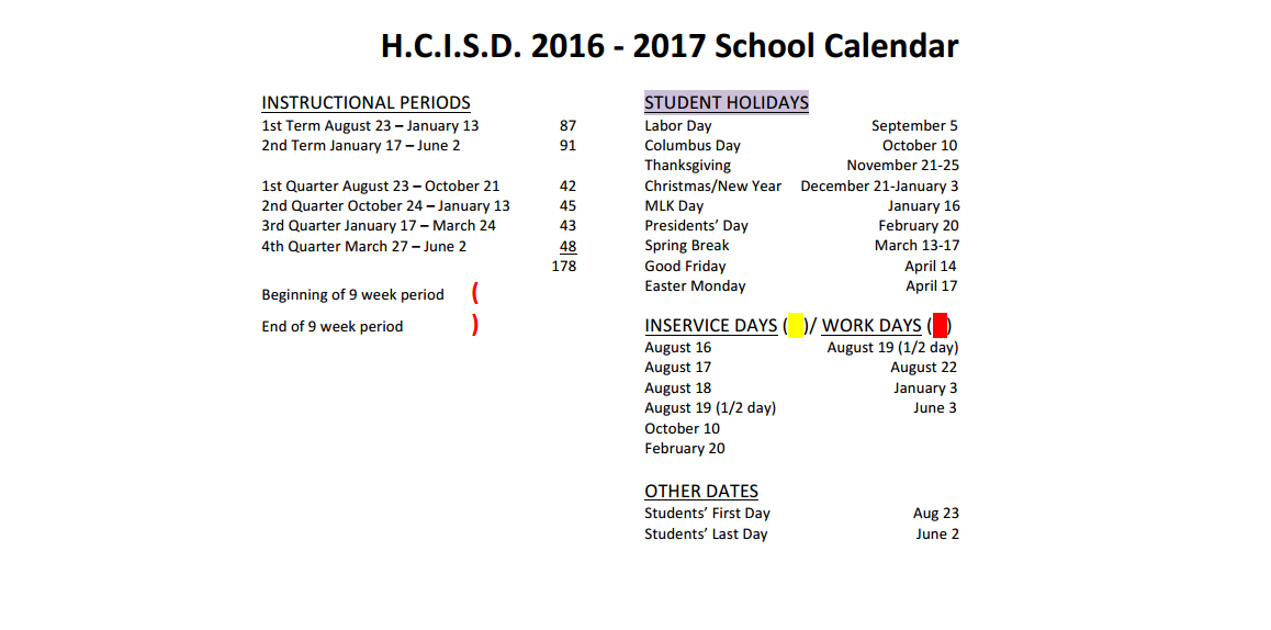 District School Academic Calendar Key for Ben Milam Elementary