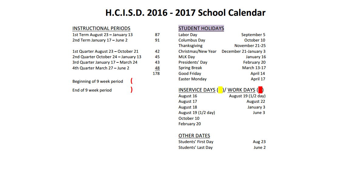 District School Academic Calendar Key for Long Elementary