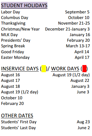District School Academic Calendar Legend for Crockett Elementary
