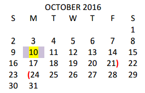 District School Academic Calendar for Ben Milam Elementary for October 2016
