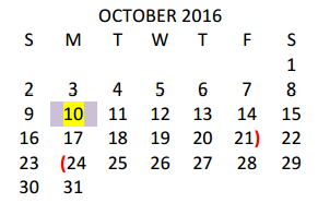 District School Academic Calendar for Early College High School for October 2016