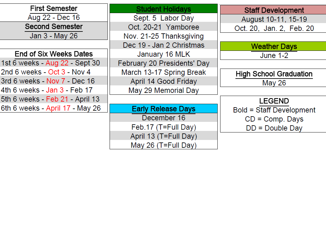 District School Academic Calendar Key for Harmony Junior High