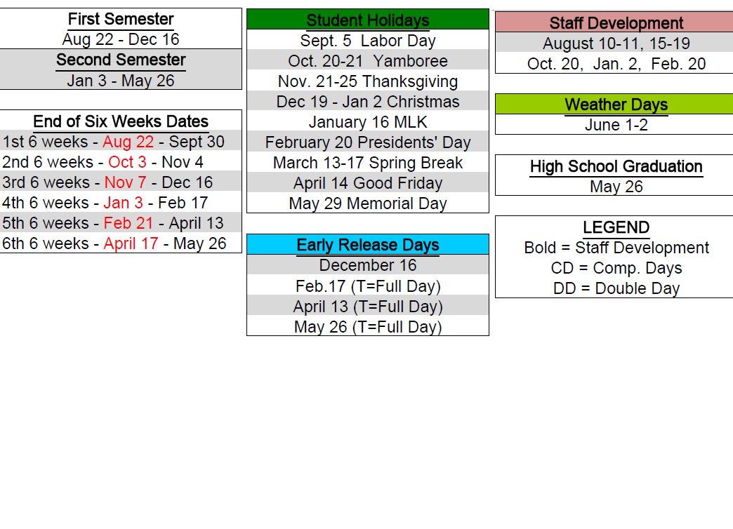 District School Academic Calendar Key for Harmony Elementary